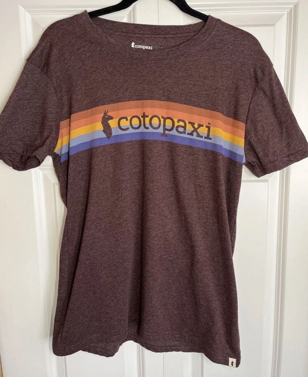 Cotopaxi Womens Purple T-Shirt On The Horizon Multicolor Stripe Logo Sz Small